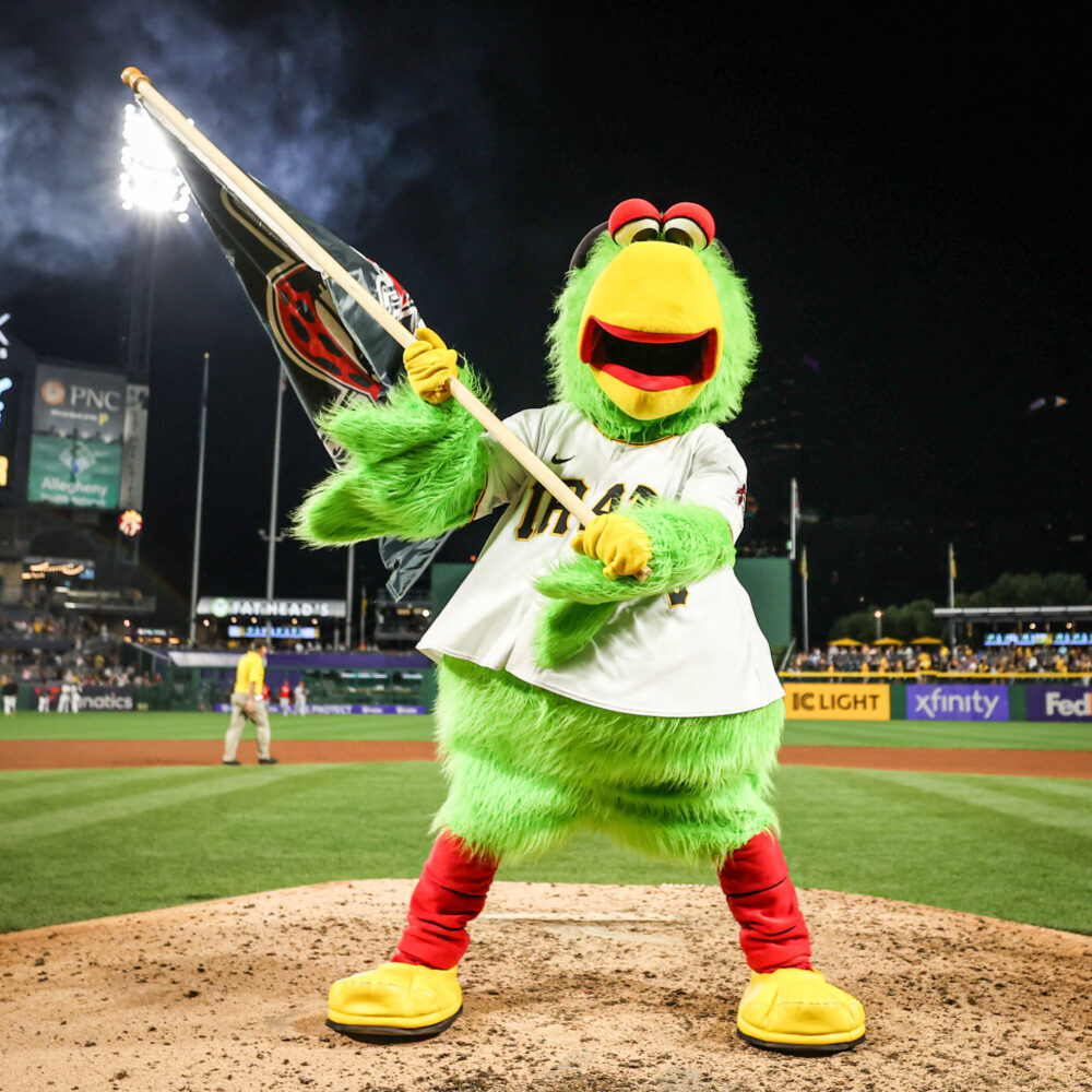 Pittsburgh Pirates Parrot on the field at PNC Park, waving the flag!