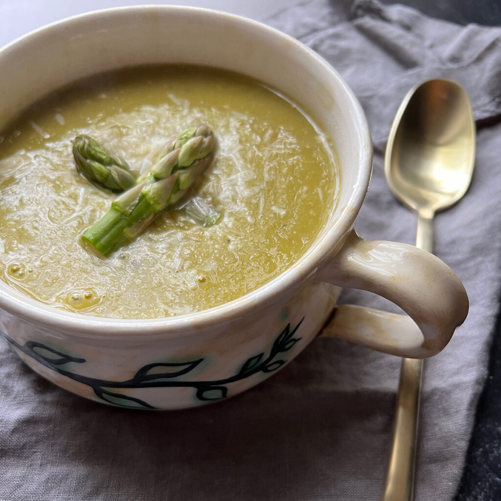 Asparagus Soup with Lemon and Vegan Parm